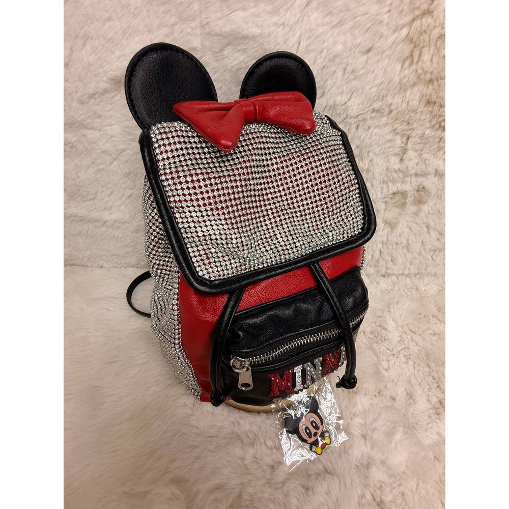 Disney Parks Minnie Mouse Rhinestone Mini Backpack Red Blk Bow Free Mickey Charm